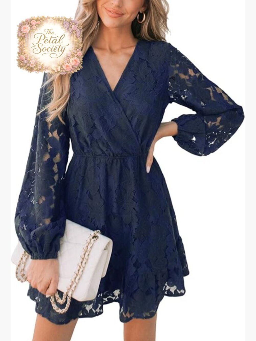 Lace V-Neck Peasant Sleeve Mini Dress Elastic High Waist A-Line Wedding Guest